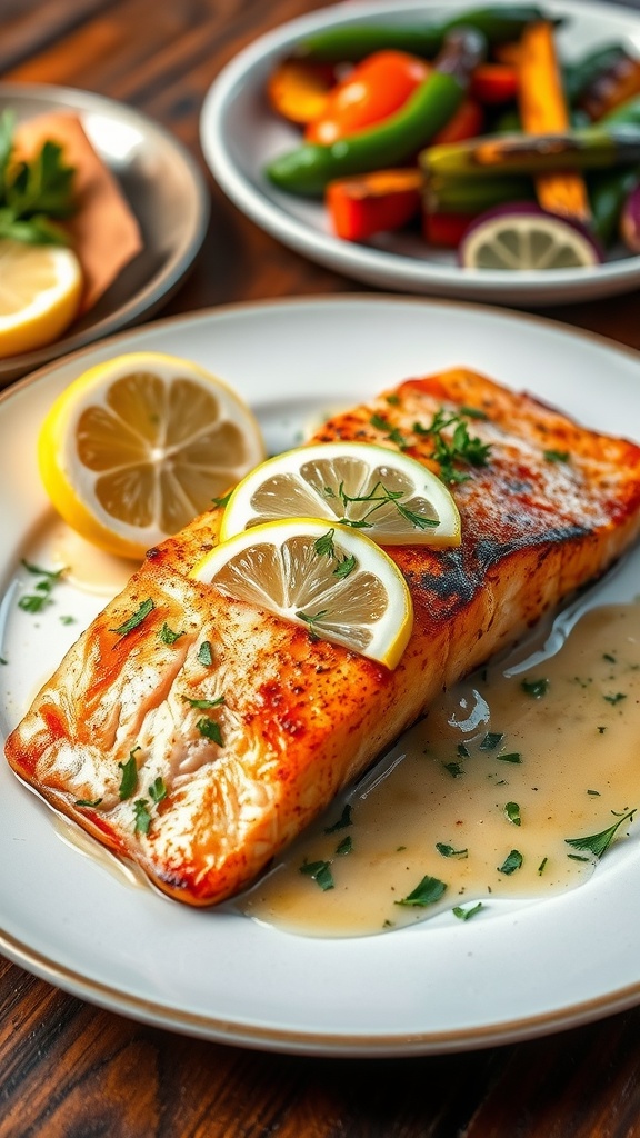 Oven roasted salmon fillet with lemon and herbs, garnished with parsley and lemon slices on a rustic table.